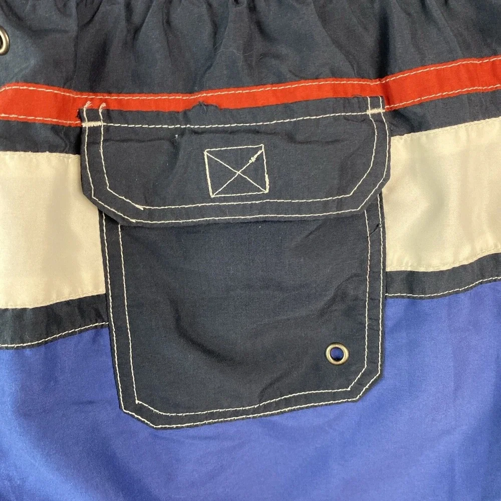 Boston Traders Men XL Swim Trunks Blue White Red Striped Mesh Lined Board Shorts